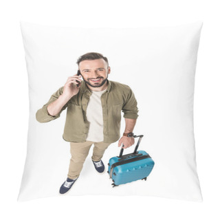 Personality  Man With Suitcase Talking On Smartphone Pillow Covers
