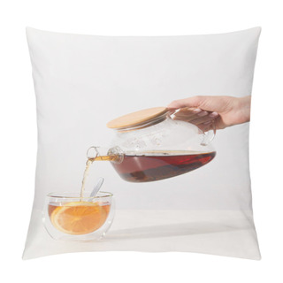 Personality  Cropped Shot Of Person Pouring Tea From Teapot In Cup On Grey Pillow Covers