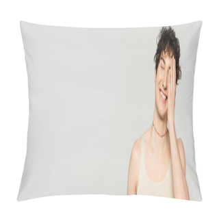 Personality  Cheerful Pansexual Model In Tank Top Covering Face With Hand And Smiling With Closed Eyes Isolated On Grey, Banner Pillow Covers