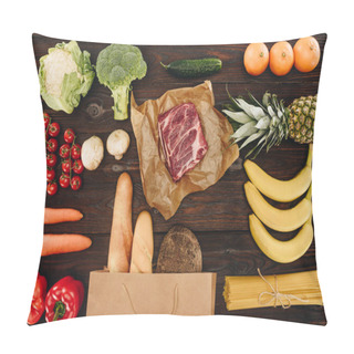 Personality  Top View Of Raw Meat With Vegetables, Fruits And Bread On Wooden Table, Grocery Concept  Pillow Covers