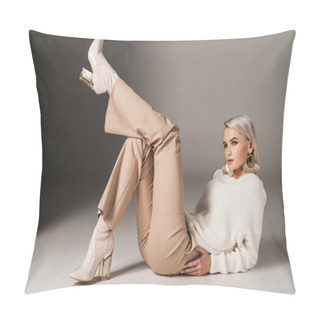 Personality  Attractive Elegant Woman Posing In Autumn Outfit And Heels, On Grey Pillow Covers