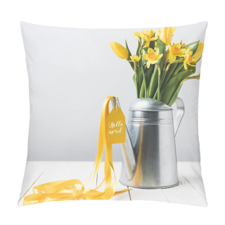 Personality  Beautiful Yellow Daffodils And Tulips In Watering Can On Grey Pillow Covers