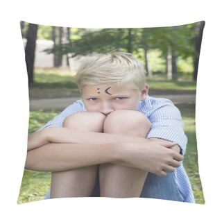 Personality  Sad Boy Hugging Her Knees And Sits On Green Grass In Nature. Con Pillow Covers