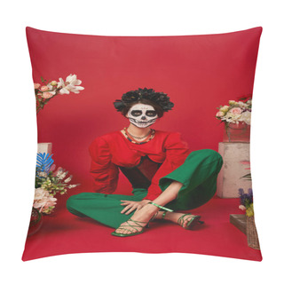 Personality  Woman In Catrina Makeup Sitting Near Traditional Dia De Los Muertos Ofrenda With Flowers On Red Pillow Covers