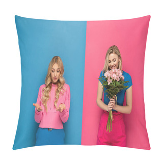 Personality  Confused Blonde Girl Near Smiling Sister Holding Bouquet Of Flowers On Pink And Blue Background Pillow Covers