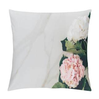 Personality  Top View Of Pink And White Hydrangea Flowers On Marble Surface With Copy Space Pillow Covers