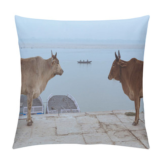 Personality  Typical Scene In Varanasi, India: Indian Cows In Ancient Embankment And A Boat Sailing On The Ganges River In The Background. Pillow Covers