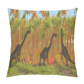 Personality  Europasaurus Dinosaur Herd Munches Their Way Through A Jungle Habitat In The Jurassic Period Of Europe. Pillow Covers