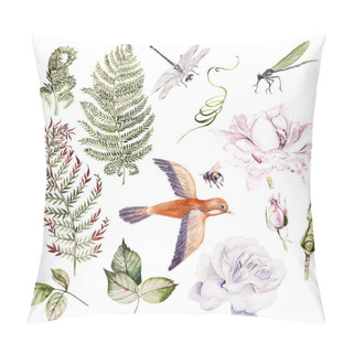 Personality  Warercolor Set With Different Leaves And Flowers, Bird And Insects.  Pillow Covers