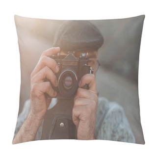 Personality  Stylish Man Taking Photo With Vintage Film Camera Pillow Covers