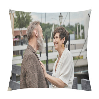 Personality  Happy Senior Woman Hugging Man, Looking At Each Other Outdoors, Love And Romance, Elderly Couple Pillow Covers