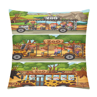 Personality  Set Of Different Safari Horizontal Scenes With Animals And Kids Cartoon Character Illustration Pillow Covers