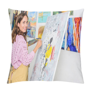 Personality  Beautiful Female Artist Looking At Camera During Work In Workshop Pillow Covers