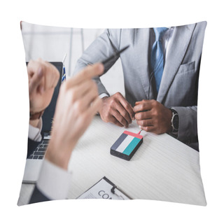 Personality  Cropped View Of Translator Pointing With Pen Near African American Businessman On Blurred Foreground Pillow Covers