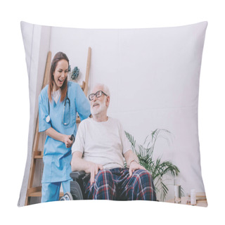 Personality  Laughing Nurse And Senior Patient In Wheelchair Pillow Covers