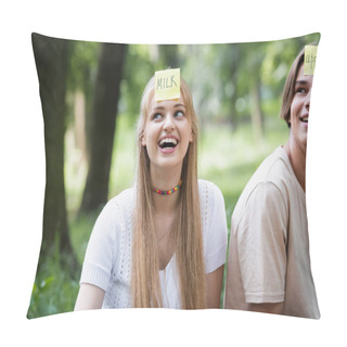 Personality  Smiling Teenager With Sticker Playing Who I Am With Friend Outdoors  Pillow Covers