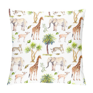 Personality  Wild Animals - Giraffe, Elephant, Cheetah, Antelope. Savannah With Palm Trees. Repeating Background. Watercolor Pillow Covers