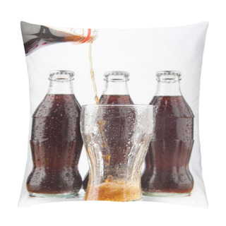 Personality  Pouring Cola Of Plastic Bottle In Transparent Glass With Foam On Three Full Flask Isolated On White Background. Pillow Covers