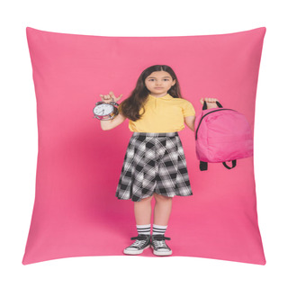Personality  Full Length, Brunette Schoolgirl Standing With Backpack And Holding Vintage Alarm Clock On Pink Pillow Covers