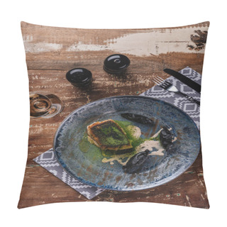 Personality  Top View Of Delicious Fried Fish And Glass Of Wine On Wooden Table Pillow Covers