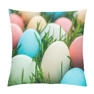 Personality  Close Up Of Traditional Colorful Easter Eggs On Green Grass Pillow Covers