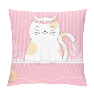 Personality  Cat On Pink Background For Greeting Card, Baby Shower Card With Paper Art Style Illustration Pillow Covers