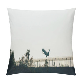 Personality  Panoramic Shot Of Airplane Departure At Sunset  Pillow Covers