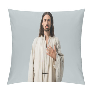 Personality  Bearded Man Standing With Hand On Chest Isolated On Grey  Pillow Covers