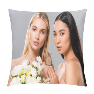 Personality  Beautiful Naked Women With White Flowers And Perfume Isolated On Grey Pillow Covers