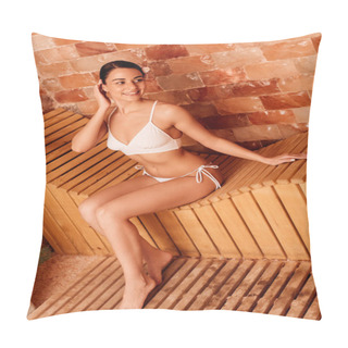 Personality  Young Woman In White Bikini On Wooden Bench In Spa Center Pillow Covers