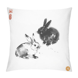 Personality  Ink Painting Of Two Rabbits. Traditional Oriental Ink Painting Sumi-e, U-sin, Go-hua. Translation Of Hieroglyphs - Well-being, Rabbit. Pillow Covers