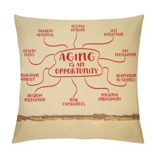 Personality  Aging Is An Opportunity Concept - Infographics Or Mind Map Sketch On Art Paper, Age And Healthy Lifestyle Pillow Covers
