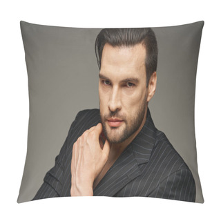 Personality  Handsome Man With Bristle In His 30s Posing In Elegant Pinstripe Suit And Looking At Camera Pillow Covers