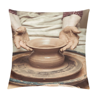 Personality  Close Up Of Female Hands Working On Potters Wheel Pillow Covers