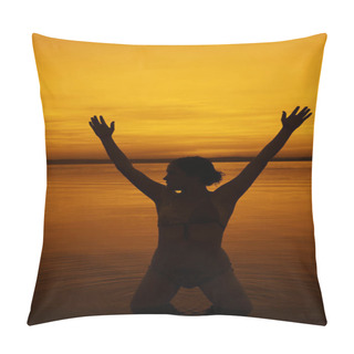 Personality  Woman Silhouette On The Beach At Sunset. Hands Up. Girl Standing Hands Up On The Beach At Sunset.Silhouette Of A Slender Beautiful Woman Against The Sunset On The Sea. Sexy Attractive Figure Of A Woman Standing On The Beach In The Rays Of Setting Sun Pillow Covers