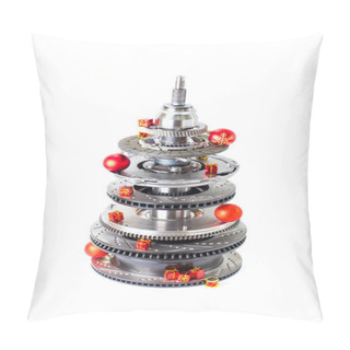 Personality  Abstract Christmas Tree Of Car Parts On A White Background. Decorated With Christmas Toys, Garland Pillow Covers
