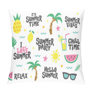 Personality  Summer Elements Set. Text And Food, Fruits, Drinks, Palm Leaves. Vector Template. Pillow Covers