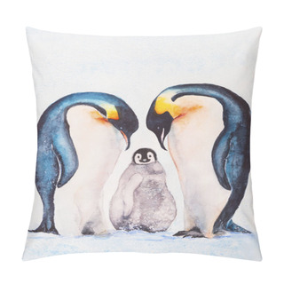 Personality  Family Of Emperor Penguins With A Chick. Watercolor Drawing. Pillow Covers
