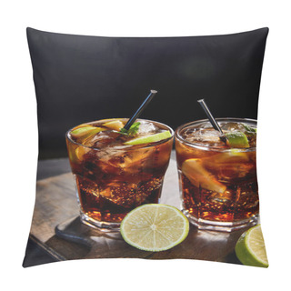 Personality  Cocktails Cuba Libre In Glasses With Straws And Limes On Black Background  Pillow Covers