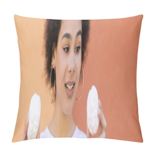 Personality  Joyful African American Woman Holding Zefir Near Orange Wall, Banner Pillow Covers