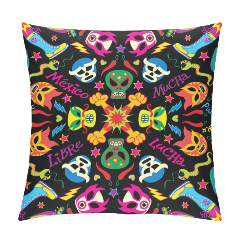 Personality  Colorful masks and symbols form a traditional pattern design in homage to Mexican wrestling. Snakes, cactus, fists, boots, hearts, stars, skulls, hats, chili peppers and lightning bolts in mandala style pillow covers