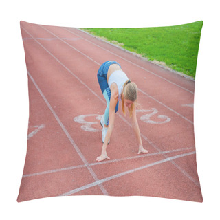 Personality  Young Fitness Woman Waiting For Start Of Race On A Stadium. Pillow Covers