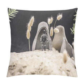 Personality  Selective Focus Of Toy Soldier With Gun Standing Near Caves On Sand Dune On Black Background Pillow Covers