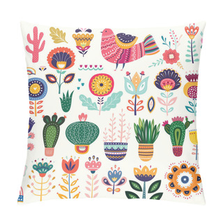 Personality  Vector Illustration Of Colorful Collection With Flowers, Bird And Ethnic Design Elements Pillow Covers