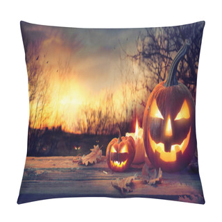 Personality  Jack O Lanterns In Spooky Forest With Ghost Lights - Halloween Background Pillow Covers