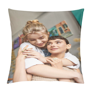 Personality  Two Women In A Warm Hug In An Artsy Room. Pillow Covers