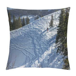 Personality  Tourist Walking In Snowy Mountains With Trees In Winter, Alps, Germany Pillow Covers