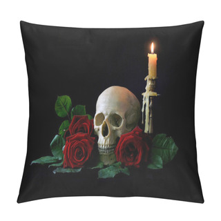 Personality  Vanitas. Human Skull With Red Roses Isolated Pillow Covers