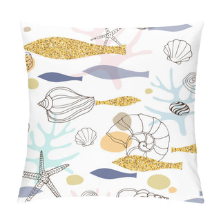 Personality  Marine Abstract Seamless Pattern With Hand Drawn Seashells And Glitter Fish Pillow Covers