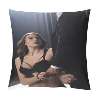 Personality  Dominant Man Touching Handcuffs On Attractive And Submissive Woman In Underwear  Pillow Covers